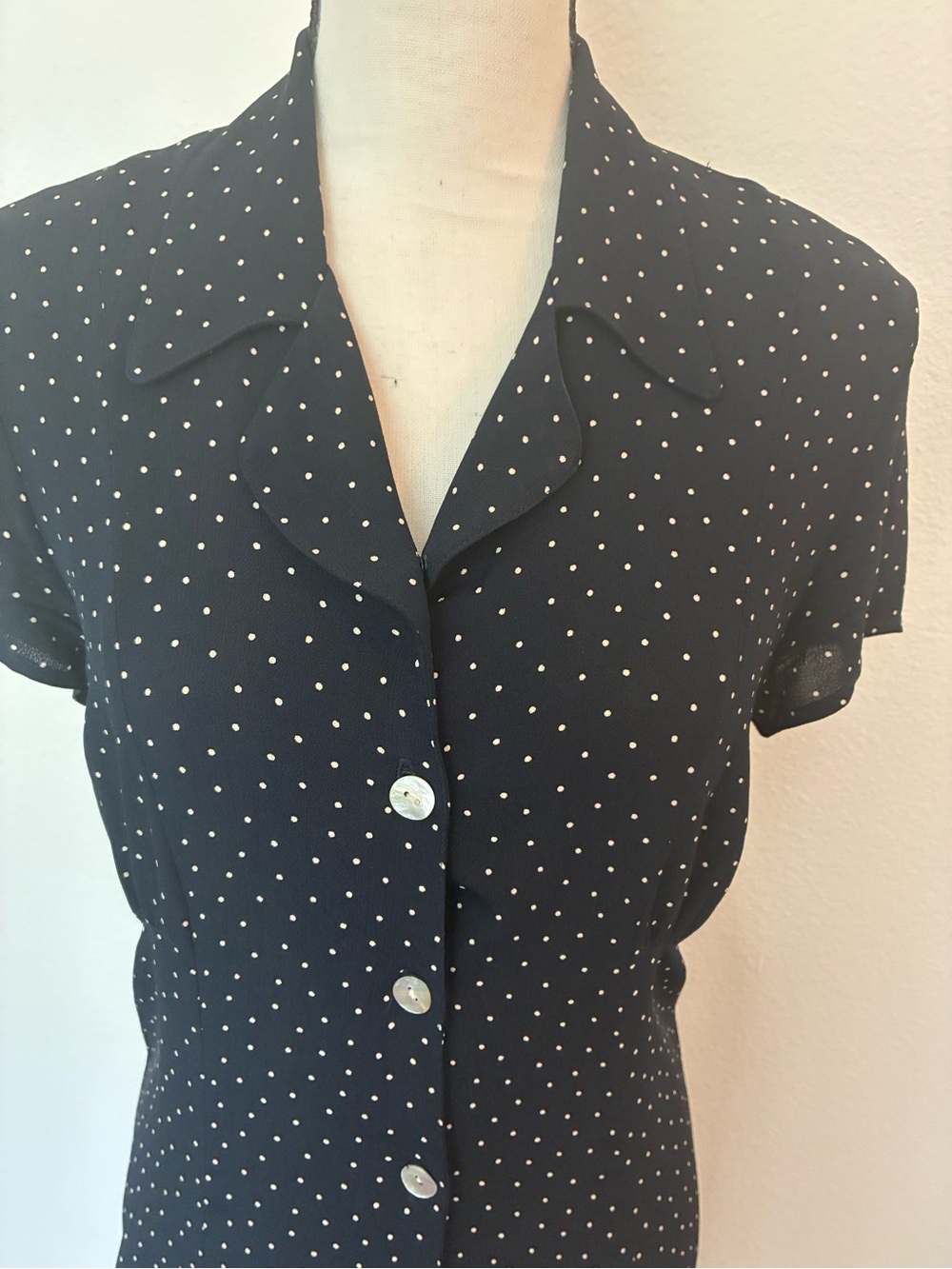 Vintage 90s Jones&Co Navy Polka Dot Midi Dress with back tie - Picture 2 of 13